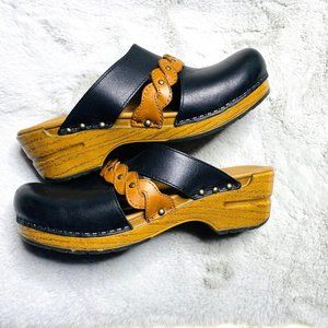 Dansko Sherise Braided Leather Clog Tan Black Slip On Mule 70s Size 6.5US EU 37
